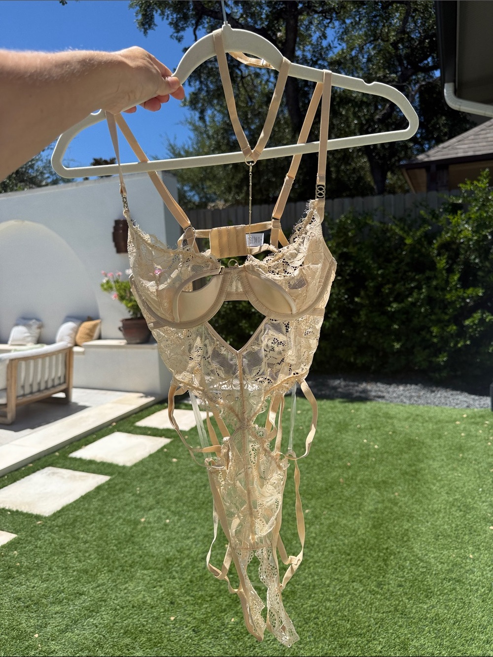 Delicate Lace Bodysuit with Underwire Cups - Beige and gold, new with tags